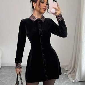 Elegant Black Velvet Dress with Leopard Accents